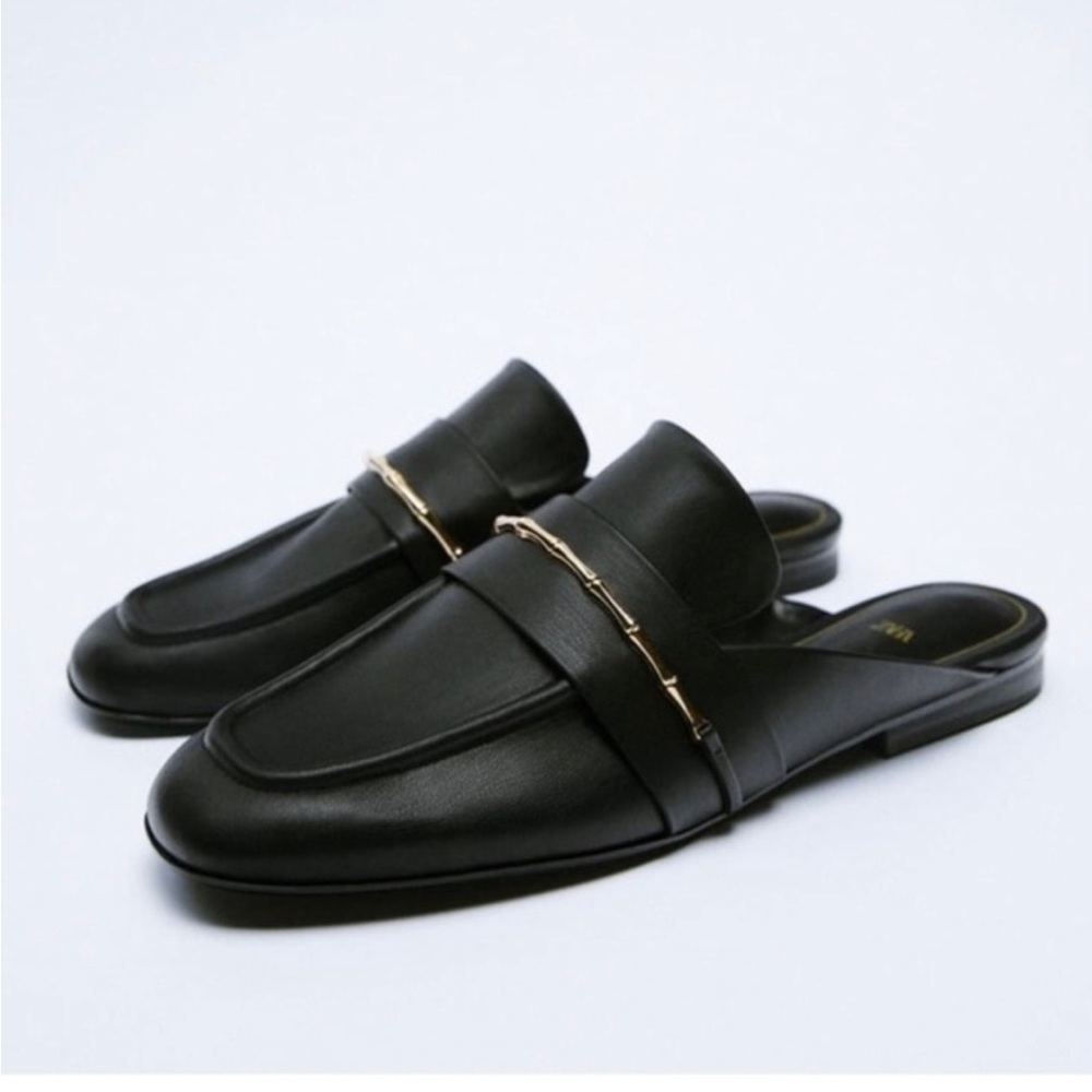 Zara Black Slip On Mules Loafers With Gold Bamboo Details